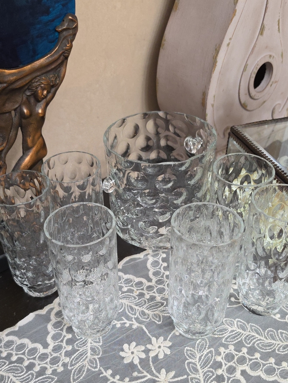 Vtg 1970 6 Clear Textured Glassware Set Plus Ice Bucket Elegant Bubble Pattern